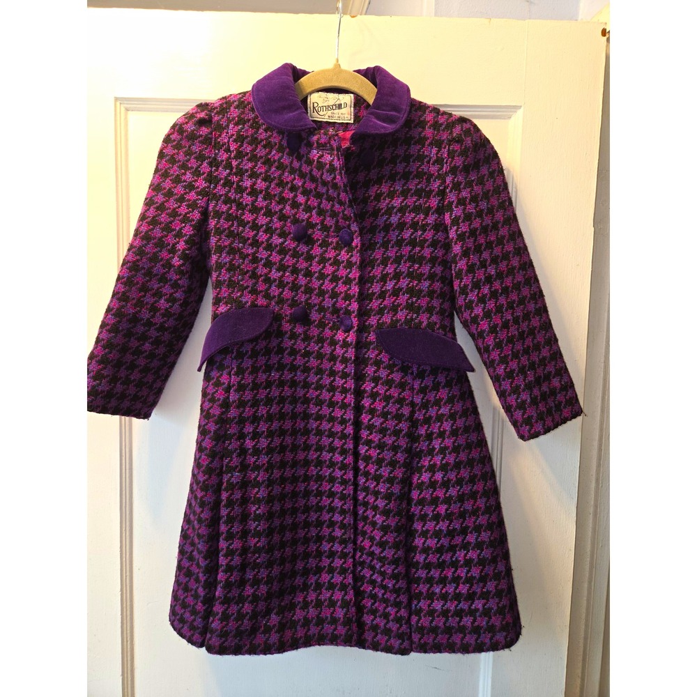 Vintage 70's Rothschild Girls Purple Pink Houndstooth Wool Coat Velvet  Lined 6X